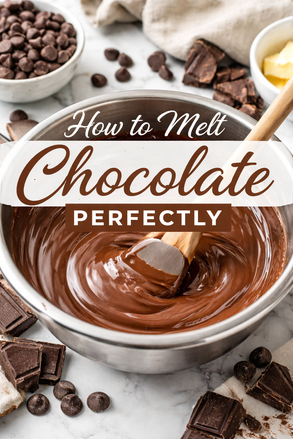 Melted dark chocolate in stainless steel bowl being stirred with spatula, chocolate chips and chopped chocolate on countertop