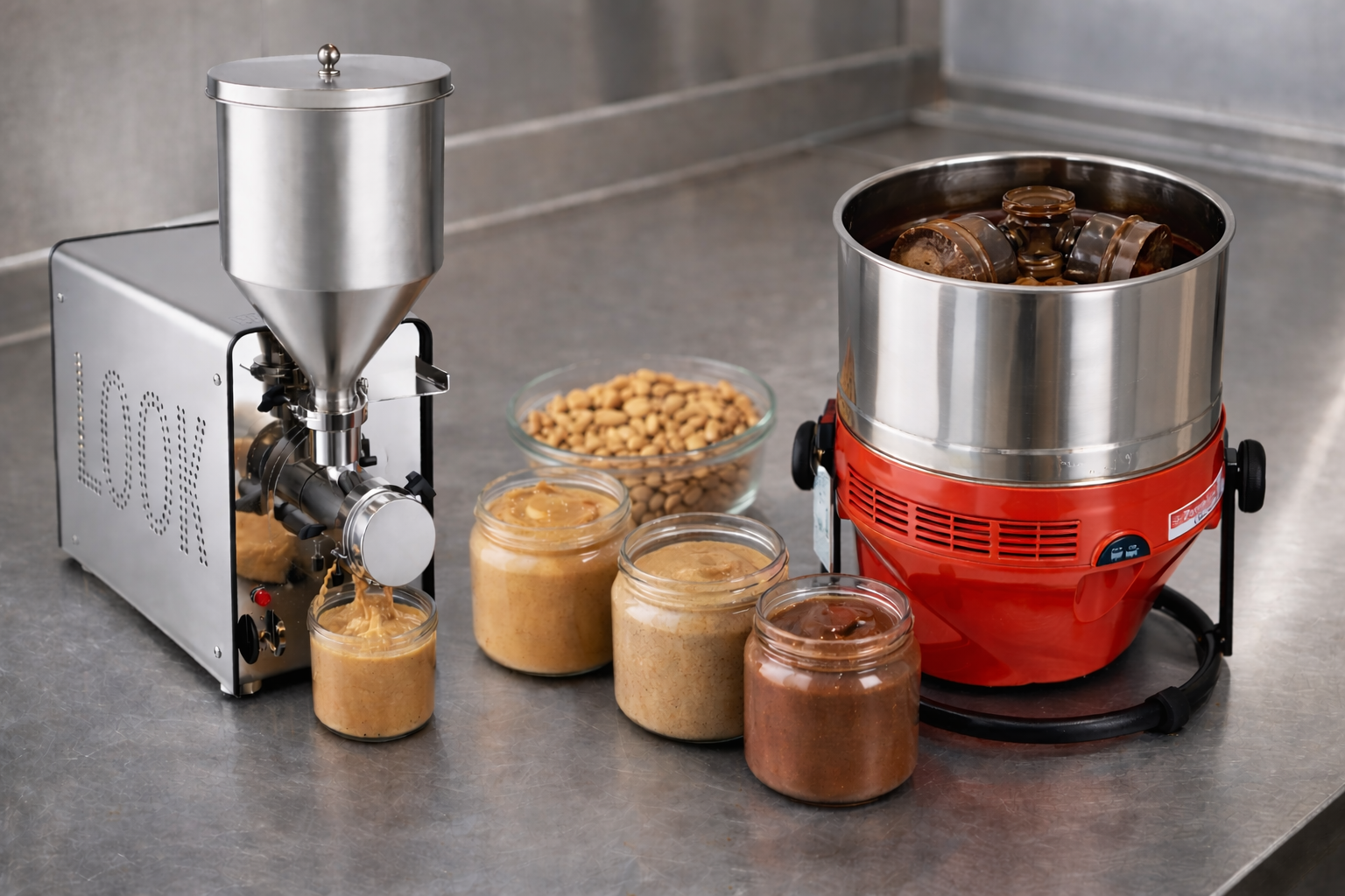 Stainless steel nut butter production setup with two professional machines, including a red stone refiner without lid and a stainless steel nut grinder, producing almond and peanut butter on a commercial worktable